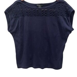 GRACE Navy blue cotton tee with crochet detail Large